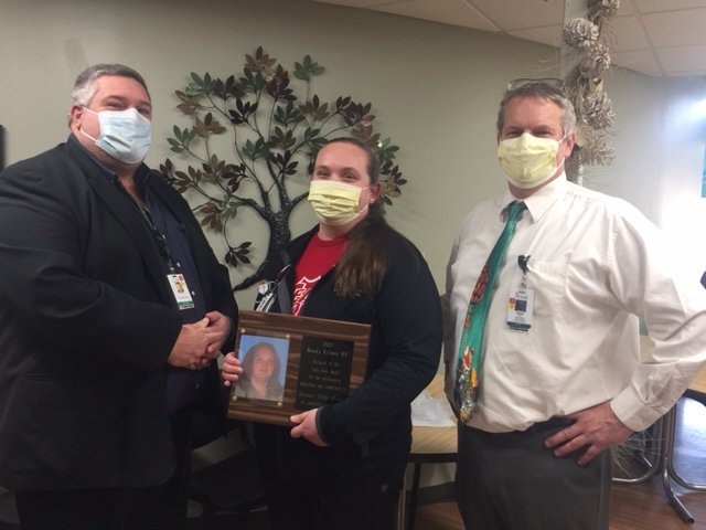 Nurse Mandy Kilmer was recently presented with the Sally Dean award at Delaware Valley Hospital. Pictured are Rolland “Boomer” Bojo, left, Mandy Kilmer and Randy Taylor, Kilmer’s supervisor and the director of ancillary services.